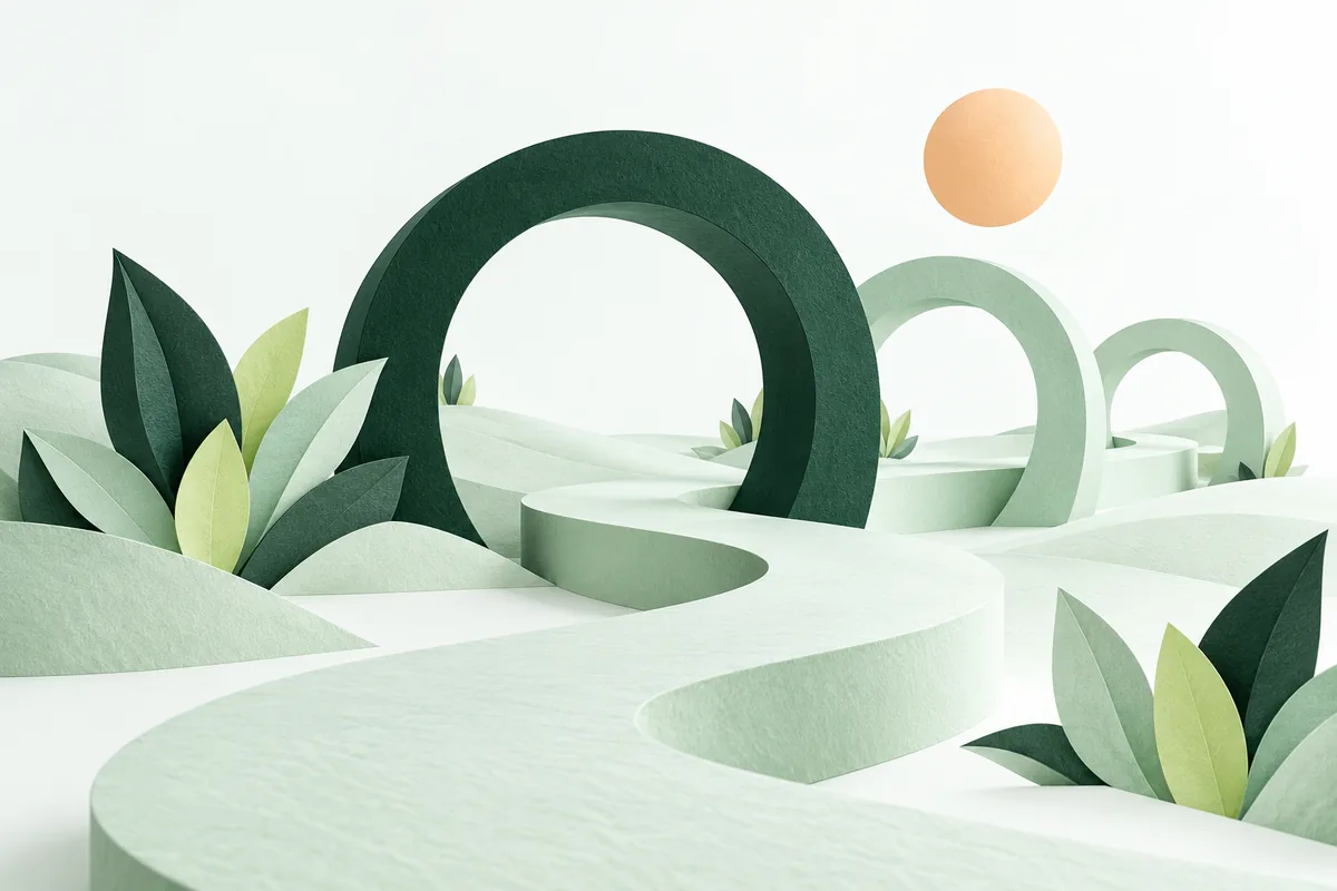 A softly winding path through open mint-green arches, under a warm sun